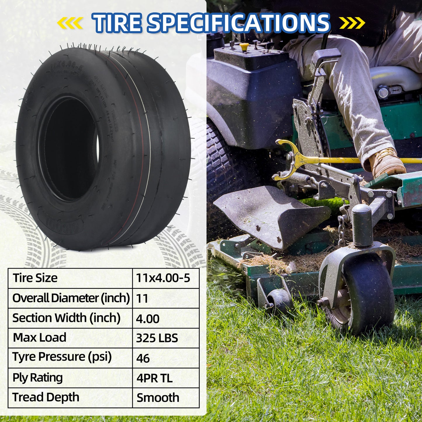 11x4.00-5 Tubeless Lawn Mower Tires, 11x4.00-5 Straight Rib Tread, 4 Ply