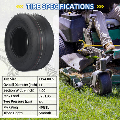 11x4.00-5 Tubeless Lawn Mower Tires, 11x4.00-5 Straight Rib Tread, 4 Ply