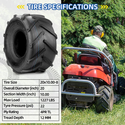 20x10.00-8 Ag Lug High-Traction Lawn Mower Tubeless Tire, 20x10-8 Agriculture Tractor Tire, 4 Ply, 1227lbs Capacity