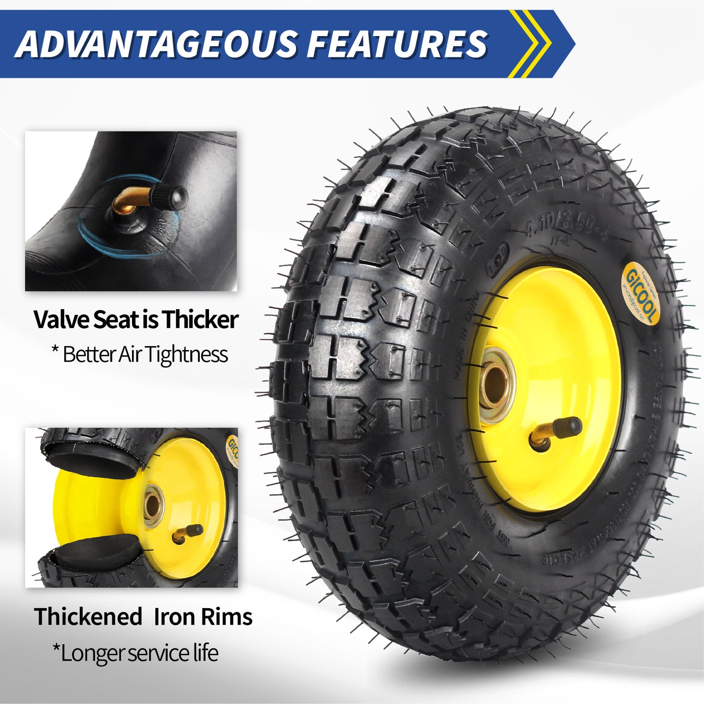 4.10/3.50-4 Rubber Tire and Wheel, with 2.25" Offset Hub, 5/8" Sealed Bearings, for Hand Truck Trolley Dolly Garden Wagon Wheel Replacement, 2 Pack (Explorer Series)
