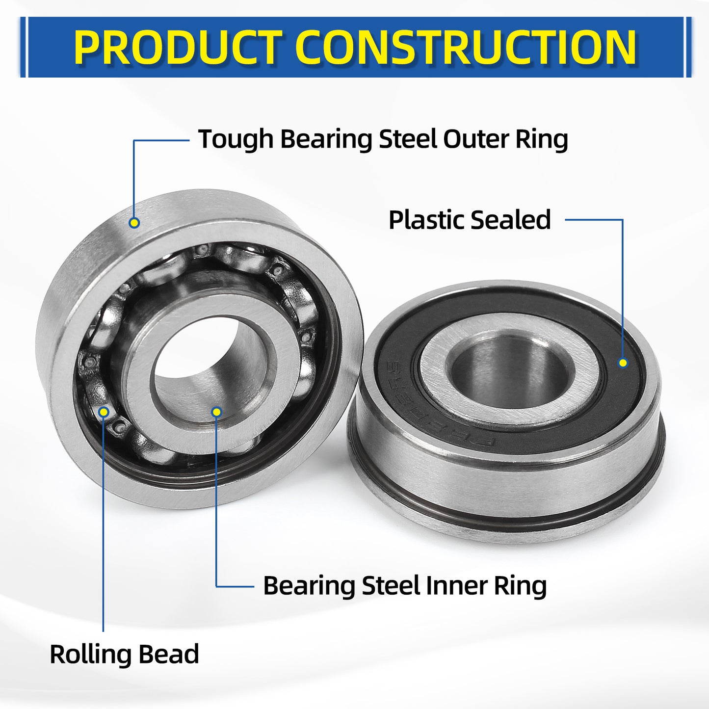 1/2" Deep Groove Ball Bearing, 13x35x13mm Bore Sealed Flanged Steel Bearings Replacement for Wheelbarrow, Lawn Mower, Hand Truck, Garden Cart Tire and Wheels, 4 Pack