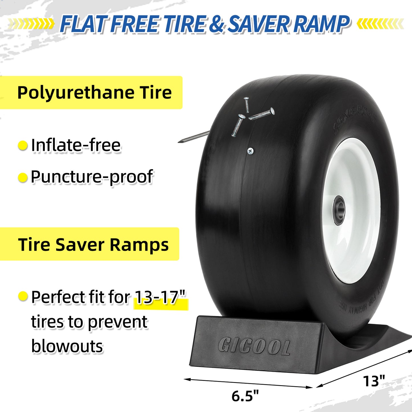 13x6.50-6” Flat Free Lawn Mower Tire and Wheel, Comes with Saver Ramp, 3/4" or 5/8" or 1/2" Bearing Bore, 3"-3.5"-4"-4.5"-5" Centered Hub, Smooth Tread Tire for Zero Turn Mowers, 2 Pcs