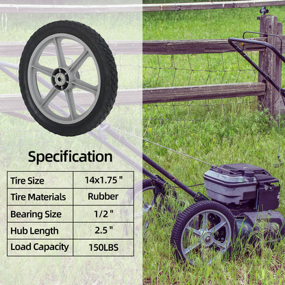14 x 1.75" Rubber Tire and Plastic Spoke Wheel, 2.5" Hub Length, 1/2" Axle Bore, for Lawn mower Trolley Dolly Wheel Replacement, 2 Pack
