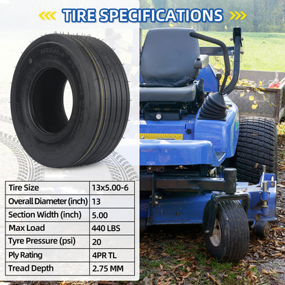 13x5.00-6 Tubeless Lawn Mower Tire, Riding Lawnmower Straight Rib Tread, 4 Ply