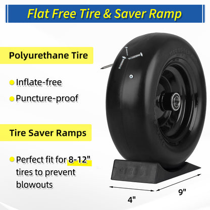 11x4.00-5” Flat Free Lawn Mower Tire and Wheel, Comes with Saver Ramp, 1/2"、5/8" and 3/4" Bearing, 3.4"-4"-4.5"-5" Centered Hub, Smooth Tread Tire for Zero Turn Mowers, 2 Pcs