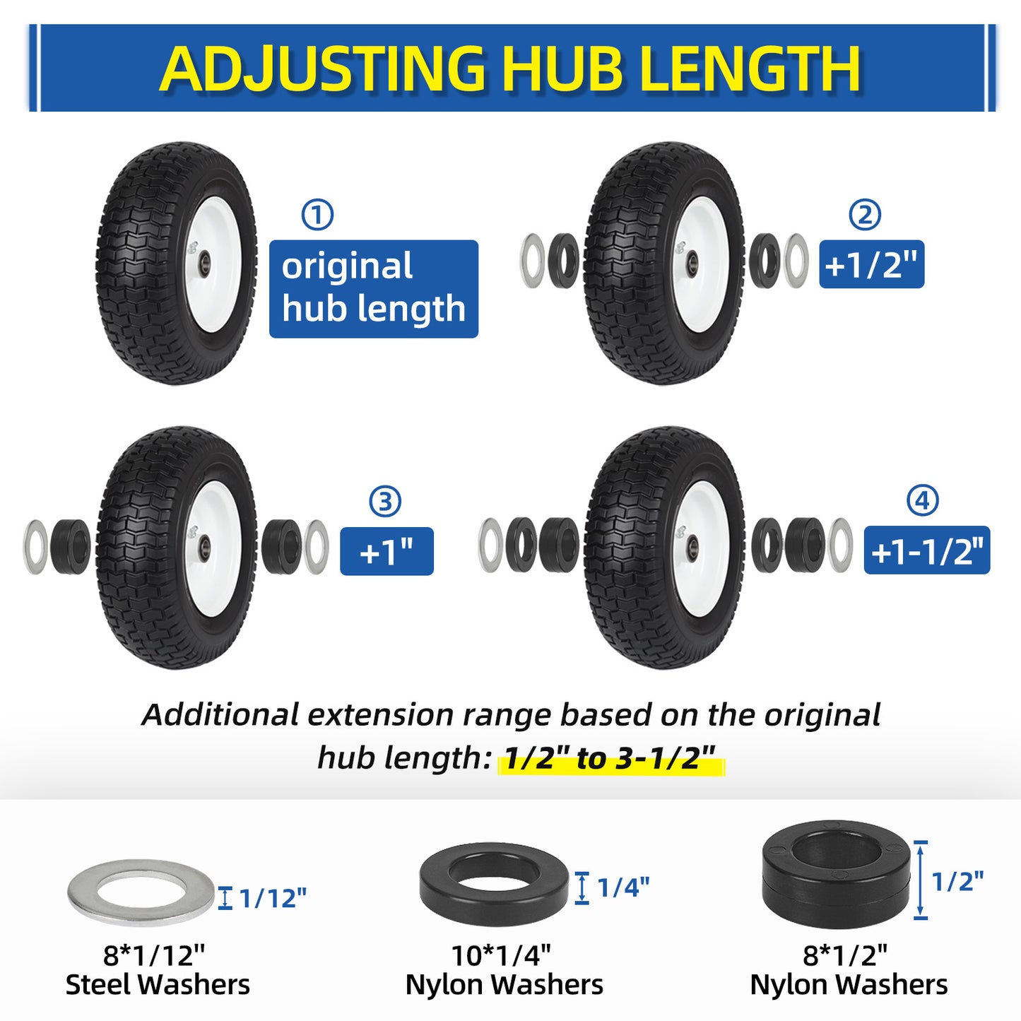 Bearing Bore Hole and Hub Length Adjustment Hardware Kit, with Flanged Bearing Sleeves, Nylon & Steel Washers