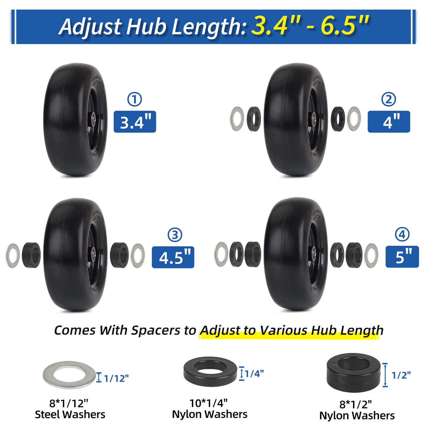 11x4.00-5” Flat Free Lawn Mower Tire and Wheel, Comes with Saver Ramp, 1/2"、5/8" and 3/4" Bearing, 3.4"-4"-4.5"-5" Centered Hub, Smooth Tread Tire for Zero Turn Mowers, 2 Pcs