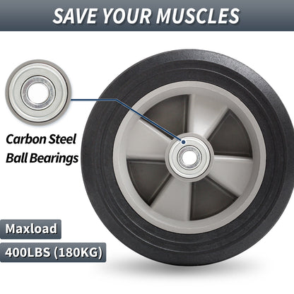 8" x 2" Solid Rubber Flat-Free Tire and wheel, with Ball Bearings and 1/2” Axle Bore Hole, 2" Offset Hub, For Hand Truck Dolly Trolley Garden Wagon Cart Generator Replacement Tire, 2 Pack
