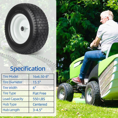 16x6.50-8 Flat Free Riding Lawn Mower Tire and Wheel, 2 Pcs 16x6.5-8nhs Garden Tractor Lawnmower Tyre, with 3/4" & 5/8" Bearing, 3" -4.5" Centered Hub