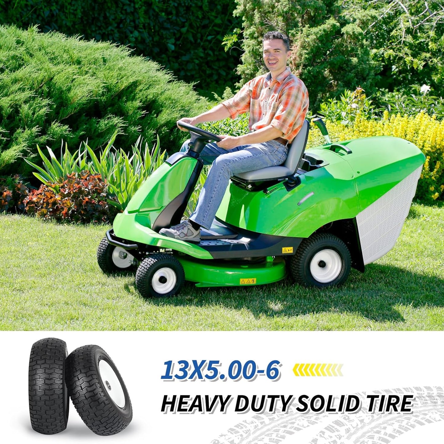 13x5.00-6 Flat Free Lawn Mower Tire and Wheel, 13x5-6 Riding Lawnmower Tire with 3"- 6" Centered Hub and 3/4" & 5/8" Bearings, Tractor Turf Tire Turf-Friendly, 2 Pack