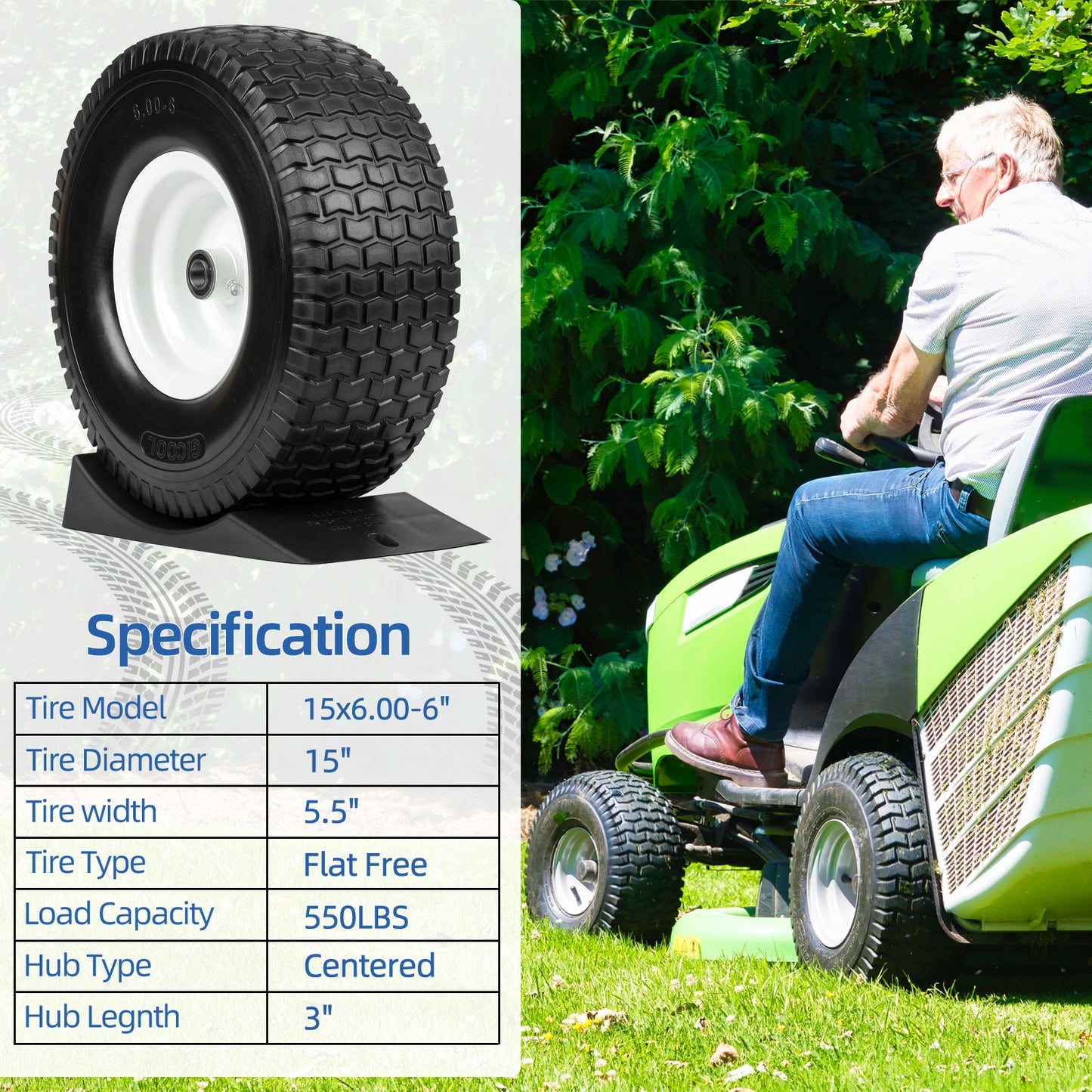 15x6.00-6 Flat Free Lawn Mower Tire and Wheel, Comes with Tire Saver Ramp, 15x6-6nhs Riding Mowers Lawn Tire and Wheel with 3/4" Bearing, 3" Centered Hub, 2 Pack