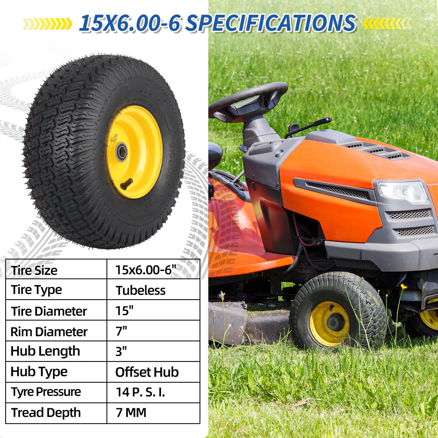 15x6.00-6 Tubeless Tire and Wheel, 3" Offset Hub, 3/4" Bearing, 4 Ply, 15x6-6 Replacement Riding Lawn Mower Front Tires, Compatible with 100 and 300 Series John Deere Riding Mowers(2 Pack)