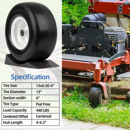 13x6.50-6” Flat Free Lawn Mower Tire and Wheel, Comes with Saver Ramp, 3/4" or 5/8" or 1/2" Bearing Bore, 3"-3.5"-4"-4.5"-5" Centered Hub, Smooth Tread Tire for Zero Turn Mowers, 2 Pcs