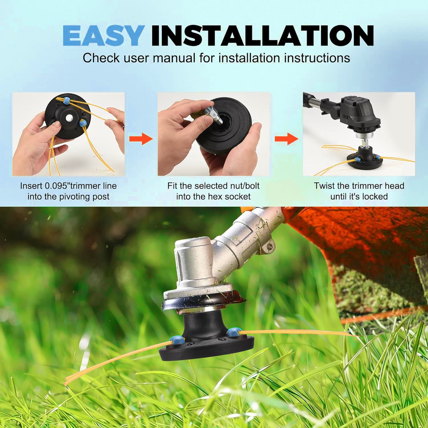 GICOOL Universal Weed Eater Head, Fast Load Replacement String Trimmer Head with Bolts & Nuts - Weed Wacker Heads for Echo, Ego, Dewalt, Stihl, Husqvarna, Includes 12pcs 0.095" Trimmer Line