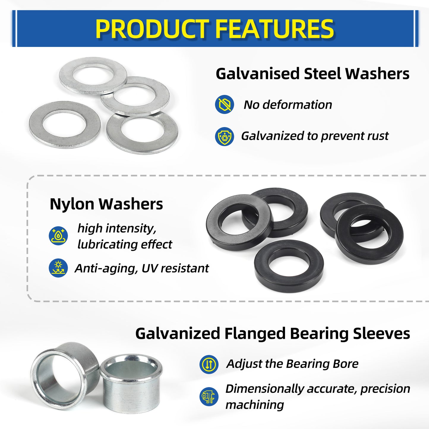 Bearing Bore Hole and Hub Length Adjustment Hardware Kit, with Flanged Bearing Sleeves, Nylon & Steel Washers