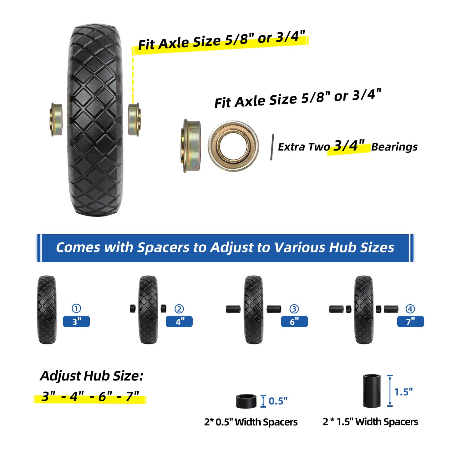 4.80/4.00-8" Wheelbarrow Tire, 16" Tire, 3-6" Centered Hub, 5/8" & 3/4" Bearing