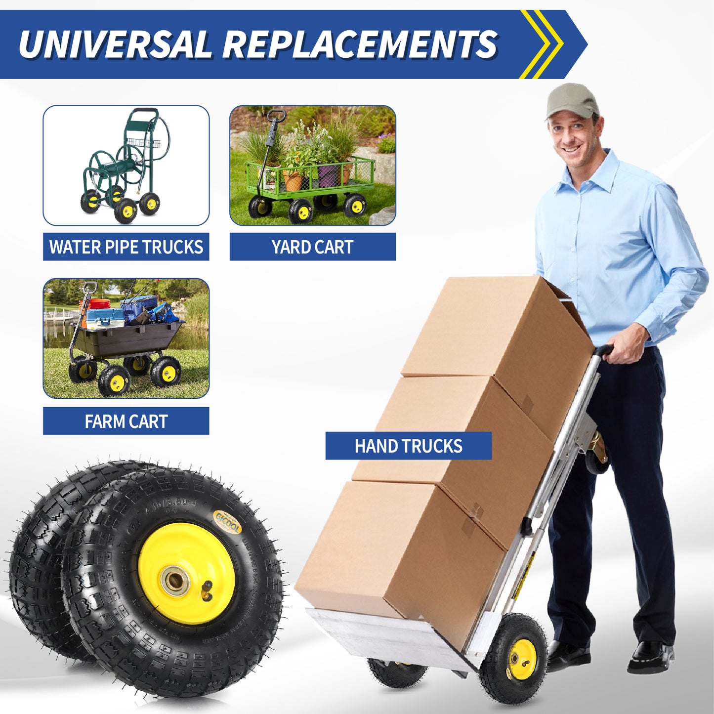 4.10/3.50-4 Rubber Tire and Wheel, with 2.25" Offset Hub, 5/8" Sealed Bearings, for Hand Truck Trolley Dolly Garden Wagon Wheel Replacement, 2 Pack (Explorer Series)