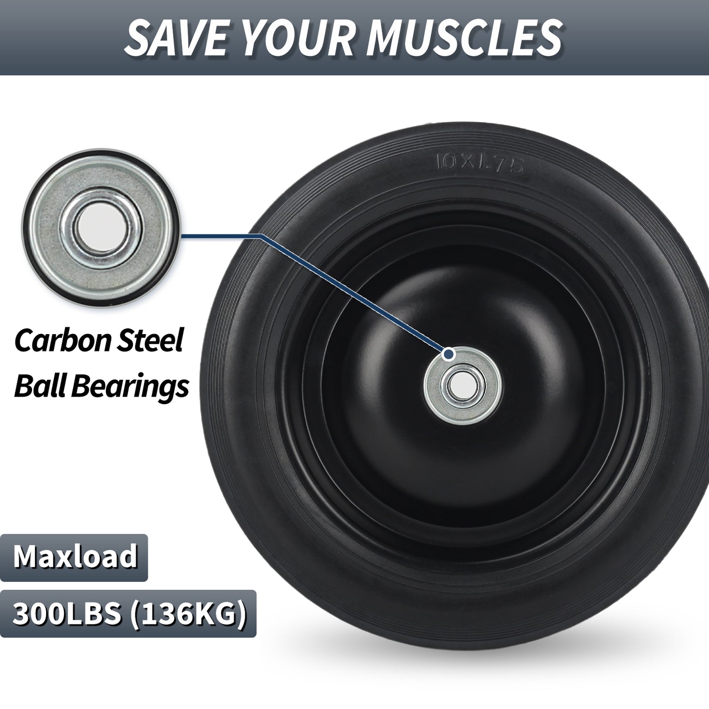 10" x1.75" Flat-Free Solid Rubber Tire and Wheel 1/2" Axle Bore Hole, 1.6" Offset Hub, 2 Pack, Black