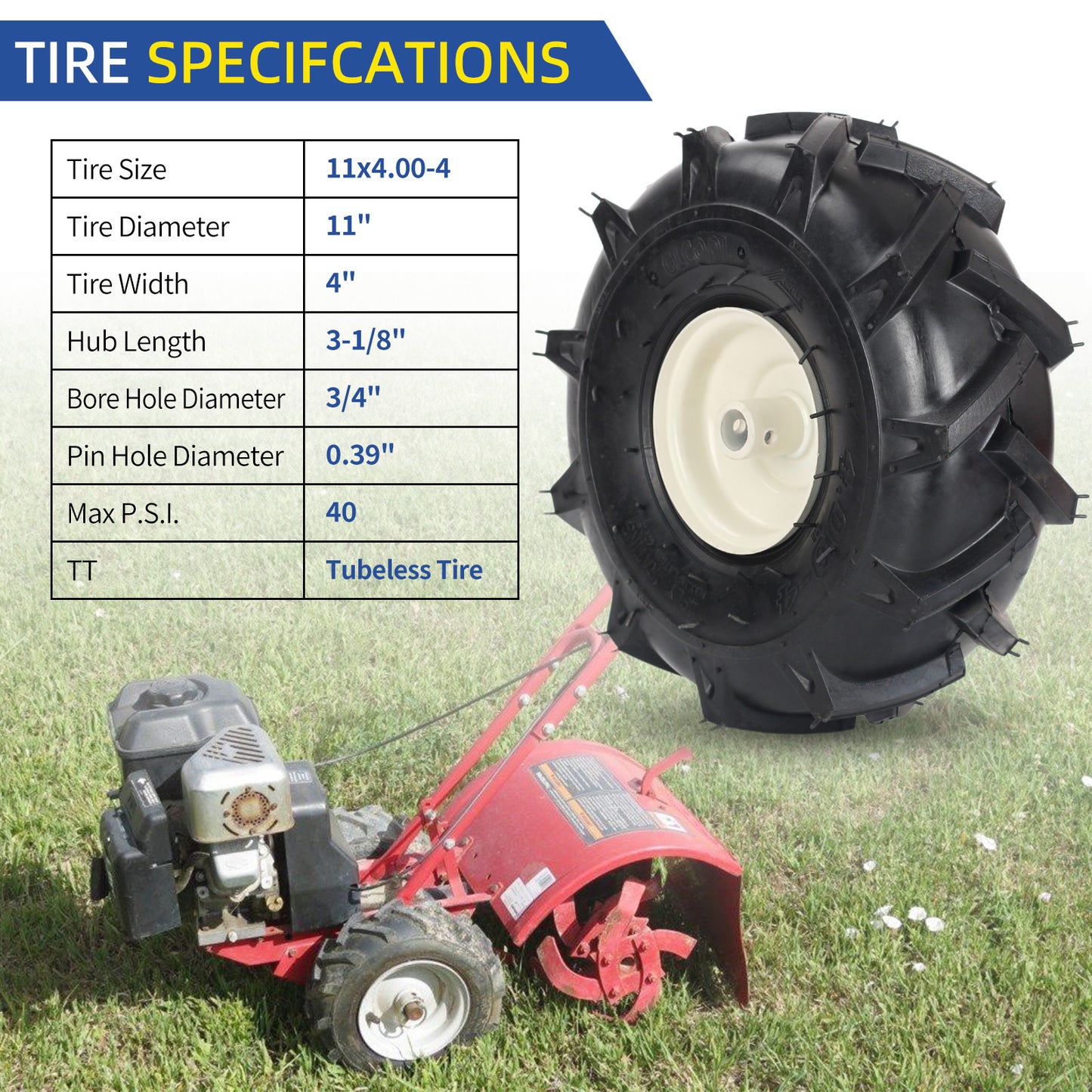 11x4.00-4" Tubeless Tiller Tire and Wheel, 3/4" Axle Size, 3-1/8" Centered Hub, Agriculture Super Lug Tractor & Trencher Tire, Compatible with Craftsman & Troy-Bilt Tiller, 1 Pack