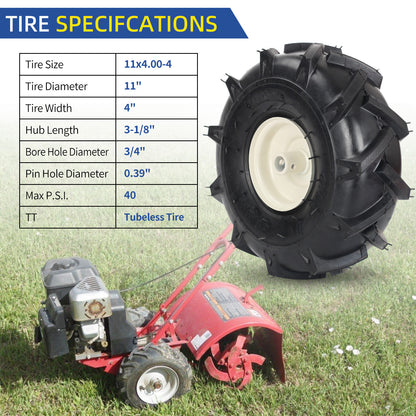 11x4.00-4" Tubeless Tiller Tire and Wheel, 3/4" Axle Size, 3-1/8" Centered Hub, Agriculture Super Lug Tractor & Trencher Tire, Compatible with Craftsman & Troy-Bilt Tiller, 1 Pack