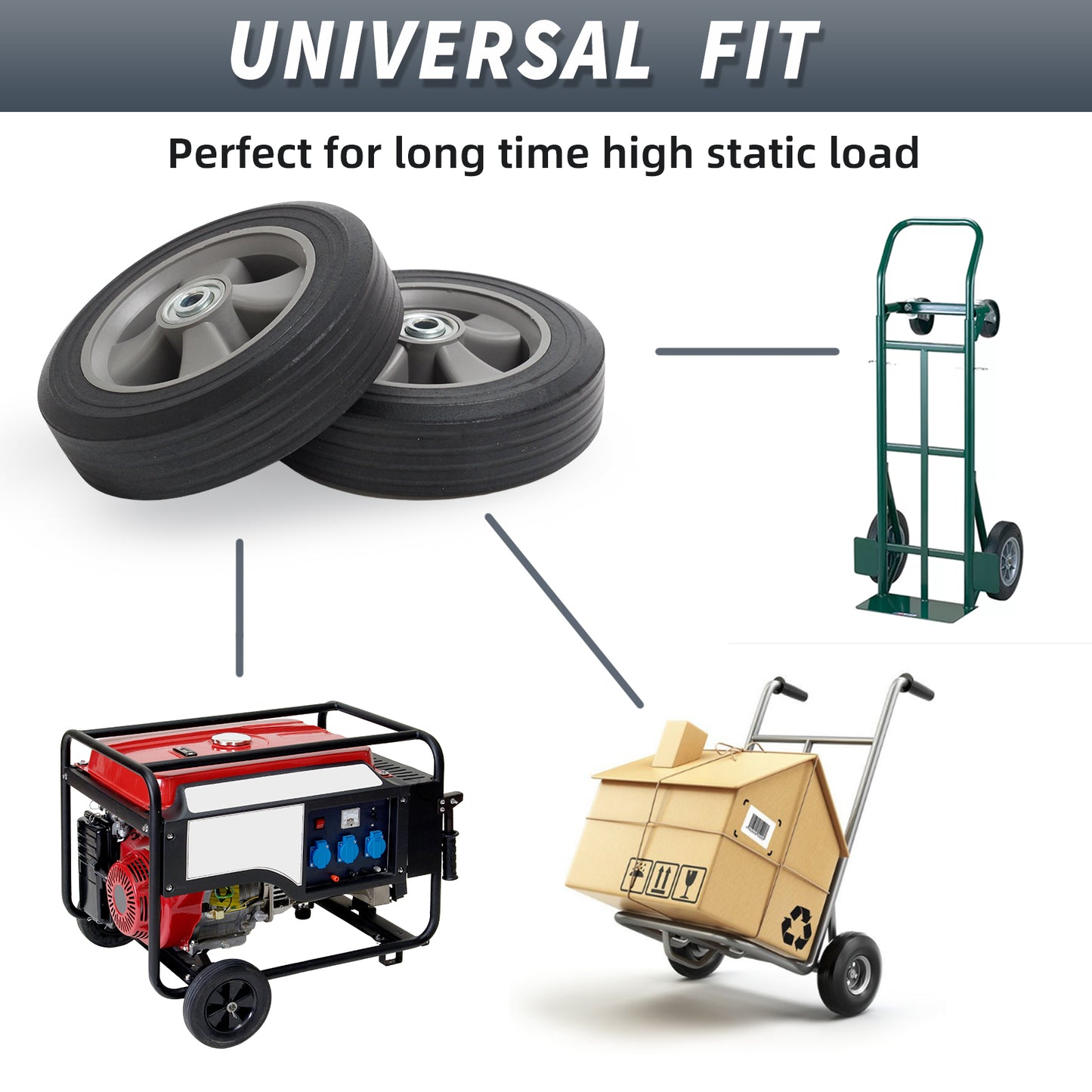 8" x 2" Solid Rubber Flat-Free Tire and wheel, with Ball Bearings and 1/2” Axle Bore Hole, 2" Offset Hub, For Hand Truck Dolly Trolley Garden Wagon Cart Generator Replacement Tire, 2 Pack