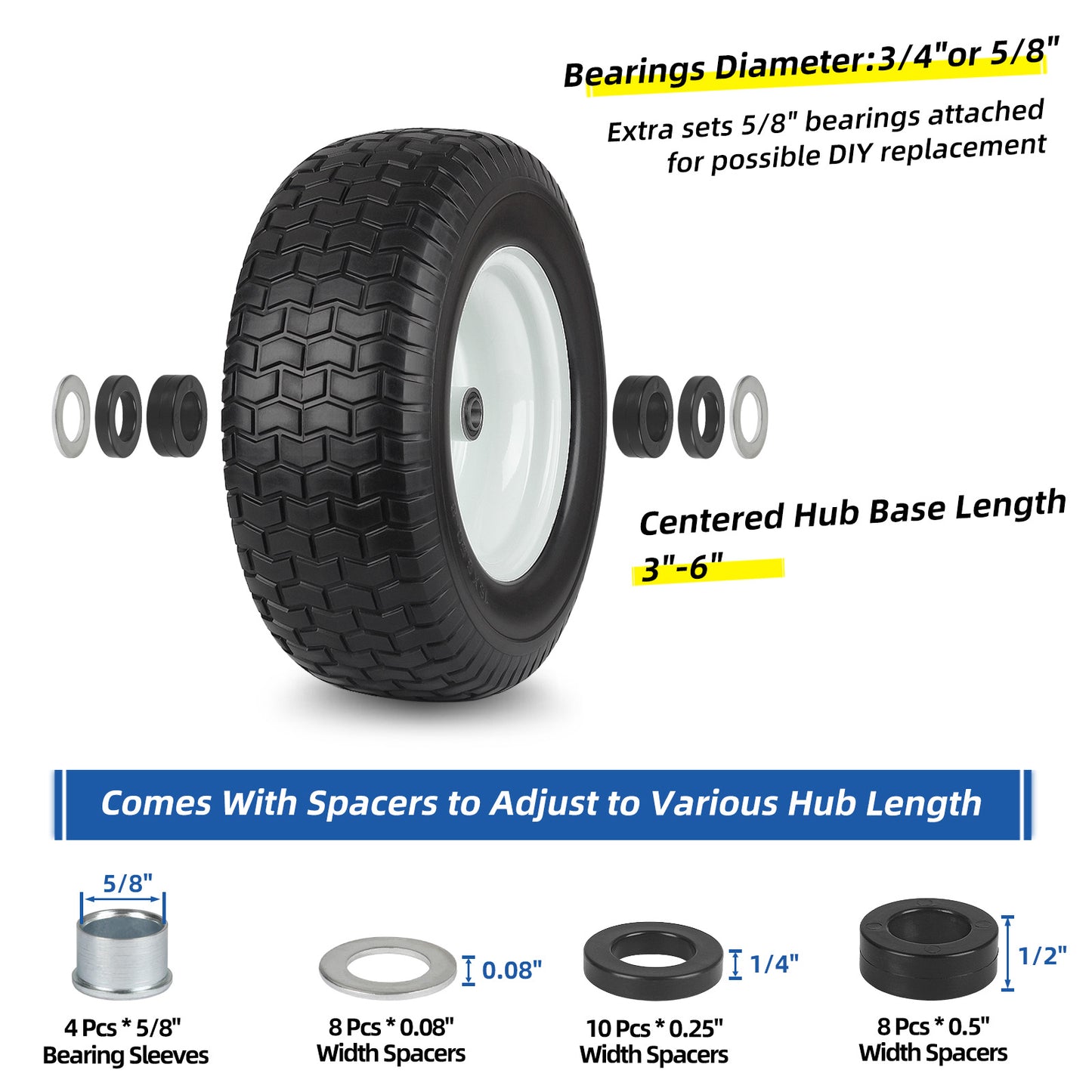 16x6.50-8 Flat Free Riding Lawn Mower Tire and Wheel, 2 Pcs 16x6.5-8nhs Garden Tractor Lawnmower Tyre, with 3/4" & 5/8" Bearing, 3" -4.5" Centered Hub