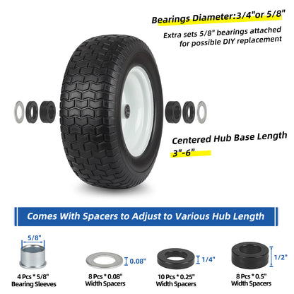 16x6.50-8 Flat Free Riding Lawn Mower Tire and Wheel, 2 Pcs 16x6.5-8nhs Garden Tractor Lawnmower Tyre, with 3/4" & 5/8" Bearing, 3" -4.5" Centered Hub