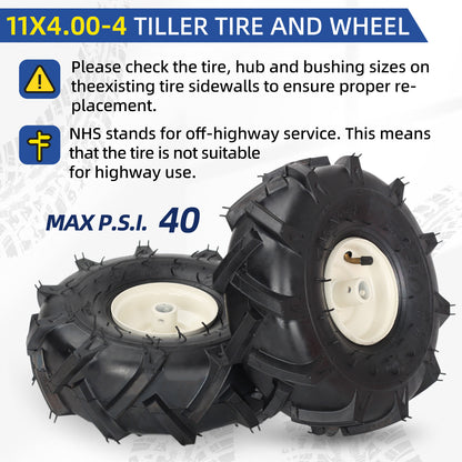 11x4.00-4" Tubeless Tiller Tire and Wheel, 3/4" Axle Size, 3-1/8" Centered Hub, Agriculture Super Lug Tractor & Trencher Tire, Compatible with Craftsman & Troy-Bilt Tiller, 1 Pack