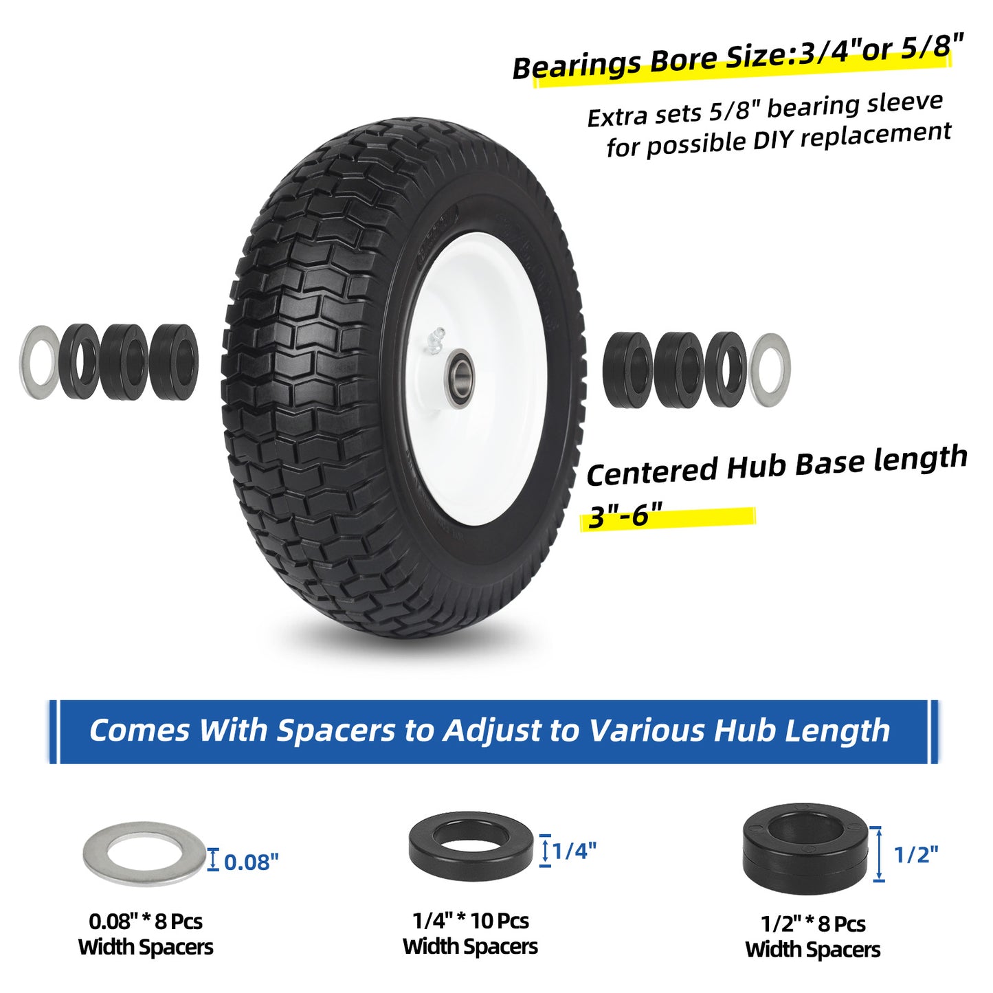 13x5.00-6 Flat Free Lawn Mower Tire and Wheel, 13x5-6 Riding Lawnmower Tire with 3"- 6" Centered Hub and 3/4" & 5/8" Bearings, Tractor Turf Tire Turf-Friendly, 2 Pack