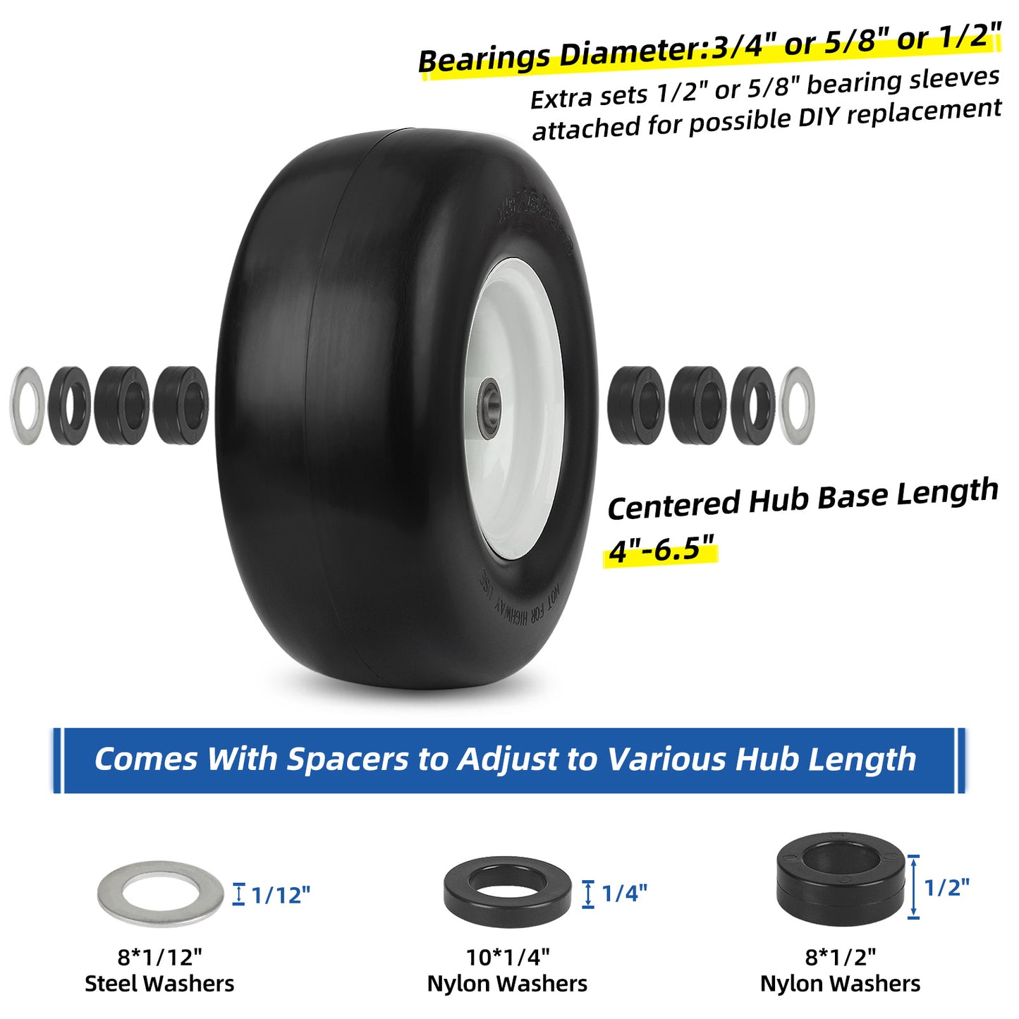 13x6.50-6” Flat Free Lawn Mower Tire and Wheel, Comes with Saver Ramp, 3/4" or 5/8" or 1/2" Bearing Bore, 3"-3.5"-4"-4.5"-5" Centered Hub, Smooth Tread Tire for Zero Turn Mowers, 2 Pcs