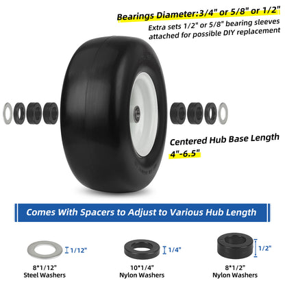 13x6.50-6” Flat Free Lawn Mower Tire and Wheel, Comes with Saver Ramp, 3/4" or 5/8" or 1/2" Bearing Bore, 3"-3.5"-4"-4.5"-5" Centered Hub, Smooth Tread Tire for Zero Turn Mowers, 2 Pcs