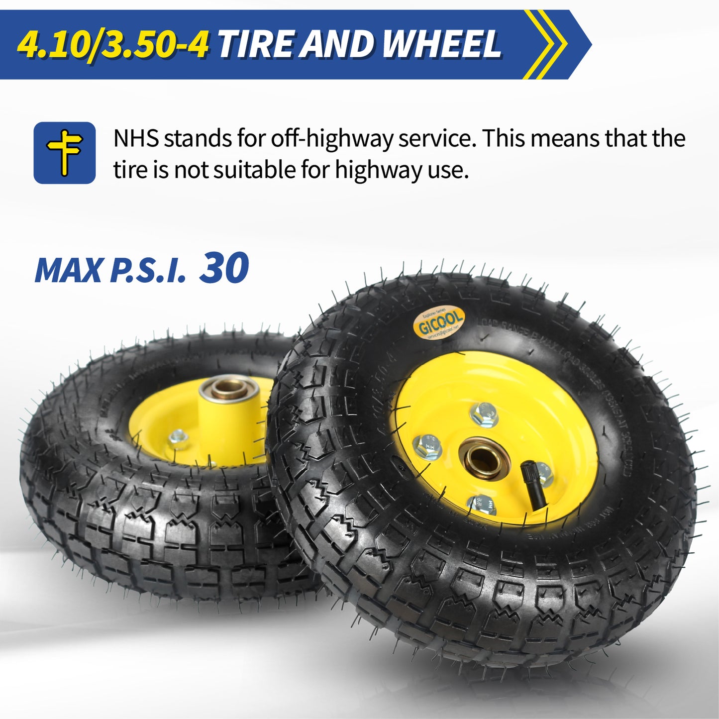 4.10/3.50-4 Rubber Pneumatic Tire and Wheel, with 2.25" Offset Hub, 5/8" Sealed Bearings, for Hand Truck Trolley Dolly Garden Wagon Wheel Replacement, 2 Pack (Explorer Series)