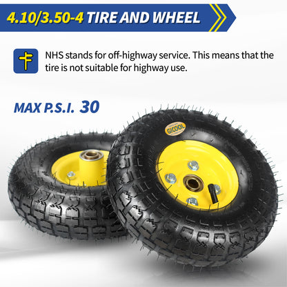 4.10/3.50-4 Rubber Pneumatic Tire and Wheel, with 2.25" Offset Hub, 5/8" Sealed Bearings, for Hand Truck Trolley Dolly Garden Wagon Wheel Replacement, 2 Pack (Explorer Series)