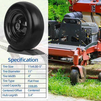 11x4.00-5” Flat Free Lawn Mower Tire and Wheel, Comes with Saver Ramp, 1/2"、5/8" and 3/4" Bearing, 3.4"-4"-4.5"-5" Centered Hub, Smooth Tread Tire for Zero Turn Mowers, 2 Pcs
