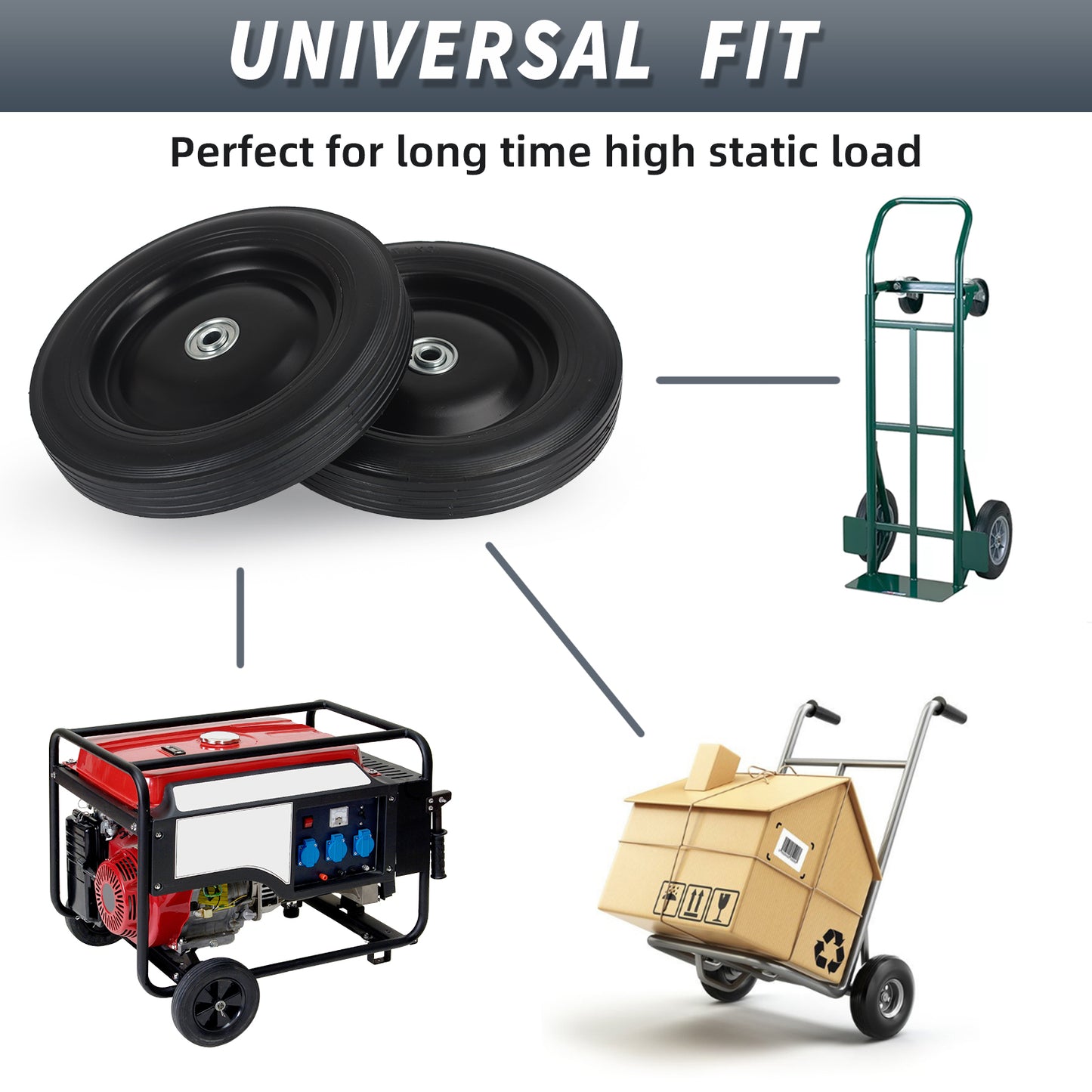 10" x1.75" Flat-Free Solid Rubber Tire and Wheel 1/2" Axle Bore Hole, 1.6" Offset Hub, 2 Pack, Black
