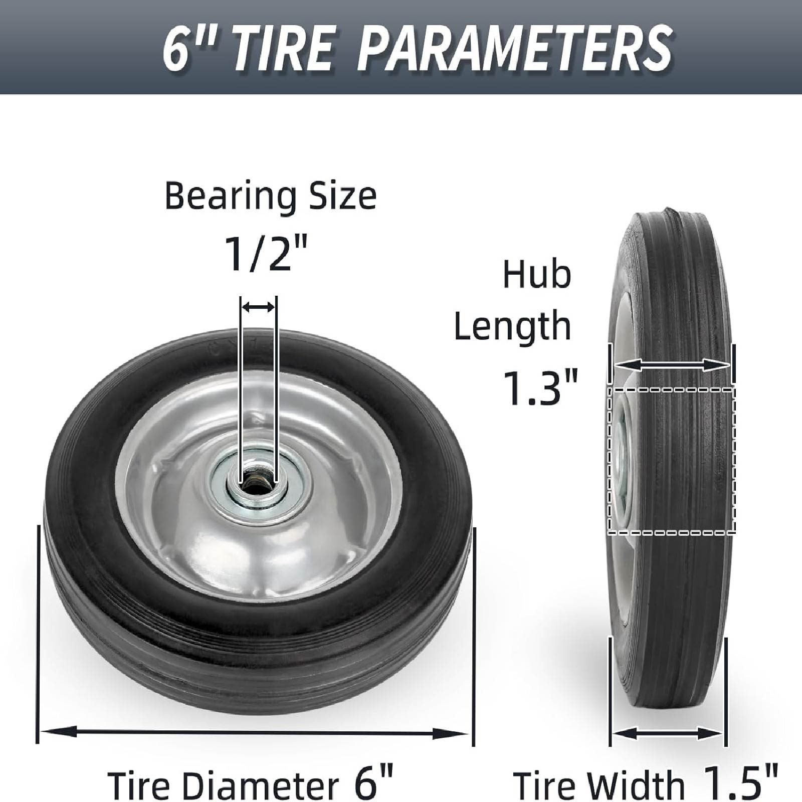 6" Flat Free Solid Rubber Tire and Wheel, with Ball Bearings and 1/2" Axle Bore Hole, 1.3" Centered Hub (2 Pack)
