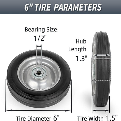 6" Flat Free Solid Rubber Tire and Wheel, with Ball Bearings and 1/2" Axle Bore Hole, 1.3" Centered Hub (2 Pack)