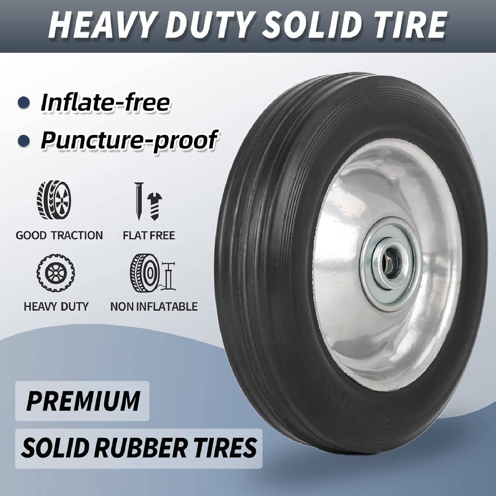 6" Flat Free Solid Rubber Tire and Wheel, with Ball Bearings and 1/2" Axle Bore Hole, 1.3" Centered Hub (2 Pack)