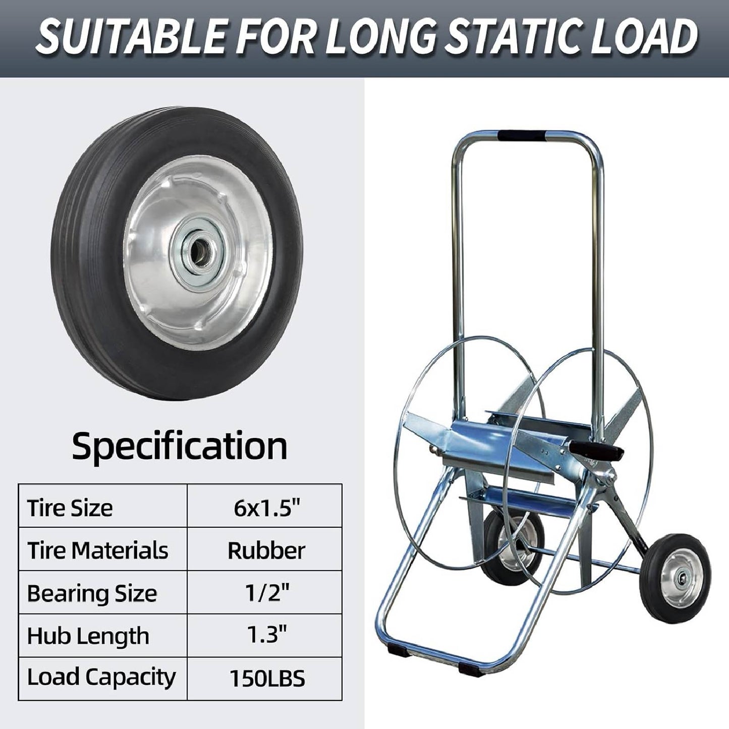 6" Flat Free Solid Rubber Tire and Wheel, with Ball Bearings and 1/2" Axle Bore Hole, 1.3" Centered Hub (2 Pack)