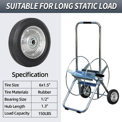 6" Flat Free Solid Rubber Tire and Wheel, with Ball Bearings and 1/2" Axle Bore Hole, 1.3" Centered Hub (2 Pack)