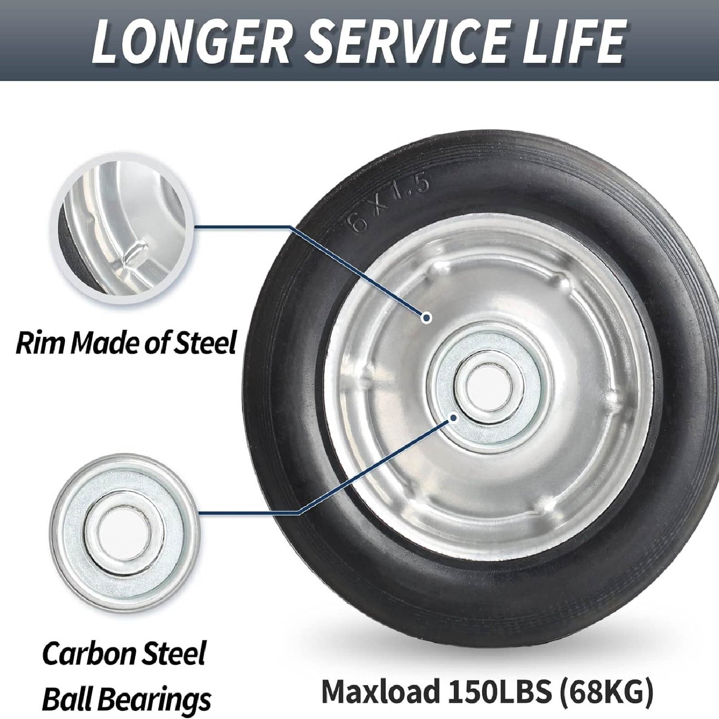 6" Flat Free Solid Rubber Tire and Wheel, with Ball Bearings and 1/2" Axle Bore Hole, 1.3" Centered Hub (2 Pack)