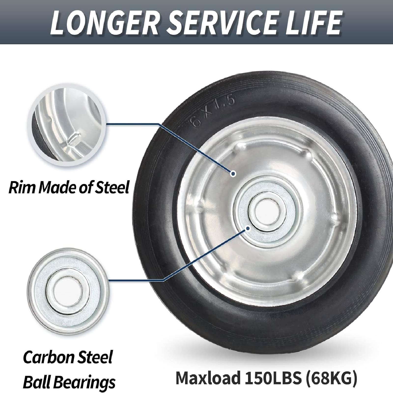 6" Flat Free Solid Rubber Tire and Wheel, with Ball Bearings and 1/2" Axle Bore Hole, 1.3" Centered Hub (2 Pack)