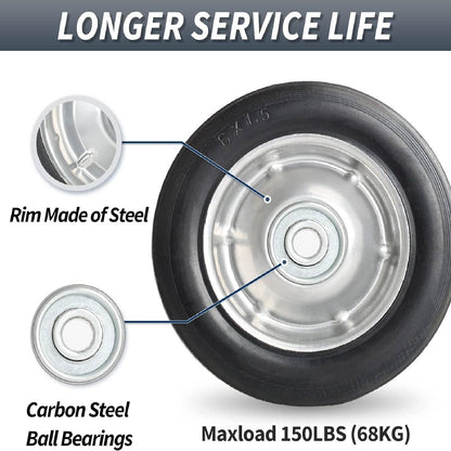 6" Flat Free Solid Rubber Tire and Wheel, with Ball Bearings and 1/2" Axle Bore Hole, 1.3" Centered Hub (2 Pack)
