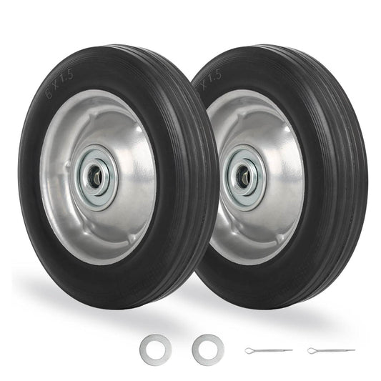 6" Flat Free Solid Rubber Tire and Wheel, with Ball Bearings and 5/8” Axle Bore Hole, 1.3" Centered Hub (2 Pack)