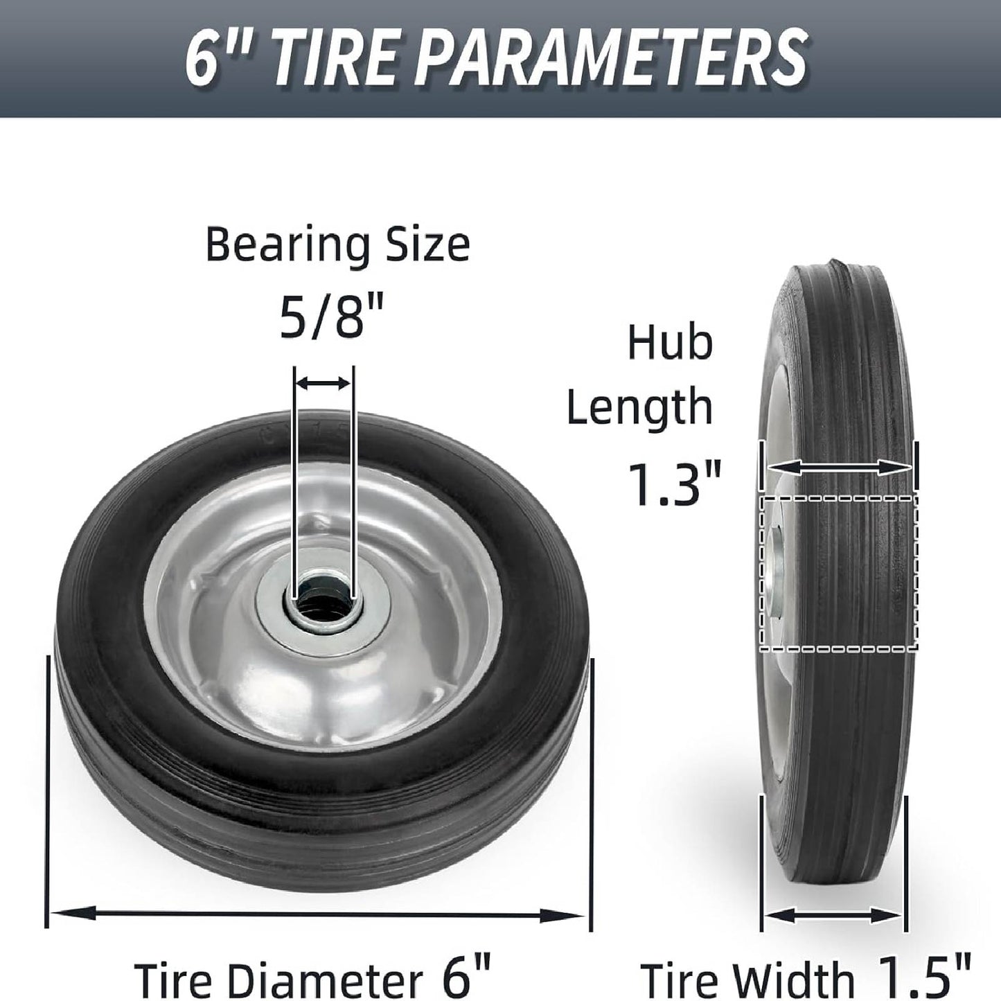 6" Flat Free Solid Rubber Tire and Wheel, with Ball Bearings and 5/8” Axle Bore Hole, 1.3" Centered Hub (2 Pack)