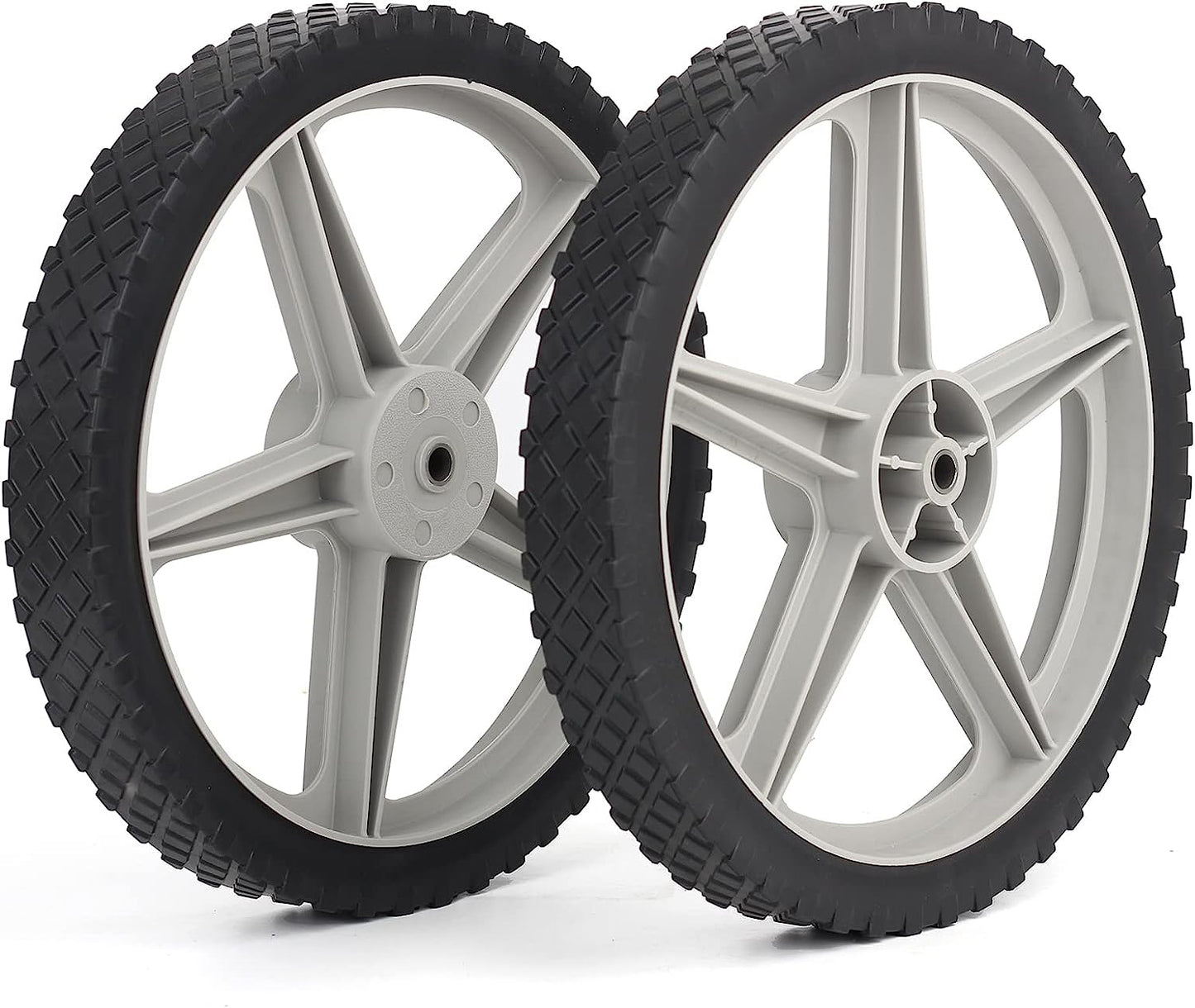 14 x 1.75" Spoked Plastic Wheel and Tire, 2.45" Hub Length, 1/2" Axle Bore, Universal Replacement Wheel for Lawn Mowers and DIY Trolley Wagon Cart, 2 Pack