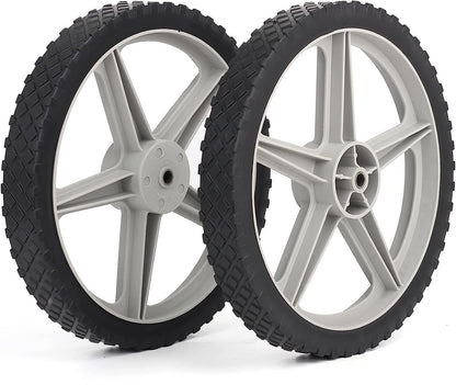 14 x 1.75" Spoked Plastic Wheel and Tire, 2.45" Hub Length, 1/2" Axle Bore, Universal Replacement Wheel for Lawn Mowers and DIY Trolley Wagon Cart, 2 Pack