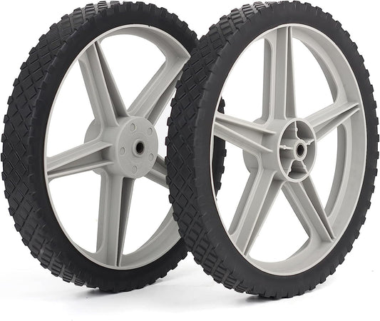 GICOOL 14 x 1.75" Spoked Plastic Wheel and Tire, 2.45" Hub Length, 1/2" Axle Bore, Universal Replacement Wheel for Lawn Mowers and DIY Trolley Wagon Cart, 2 Pack