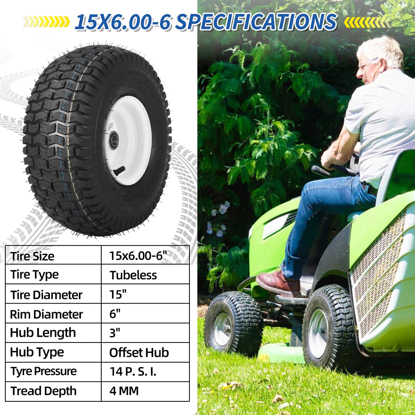 15x6.00-6 Tubeless Tire and Wheel, 3" Offset Hub, 3/4" Bearing, 4 Ply, 15x6-6 Lawn Mower Front Tires, Compatible with 100 and 300 Series John Deere Riding Mower, Lawn Tractor and More(2 Pack)