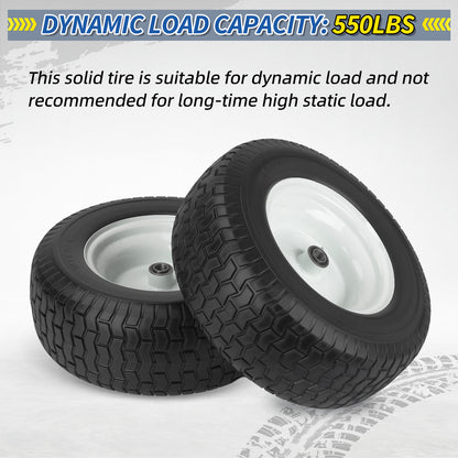 16x6.50-8 Flat Free Riding Lawn Mower Tire and Wheel, 2 Pcs 16x6.5-8nhs Garden Tractor Lawnmower Tyre, with 3/4" & 5/8" Bearing, 3" -4.5" Centered Hub
